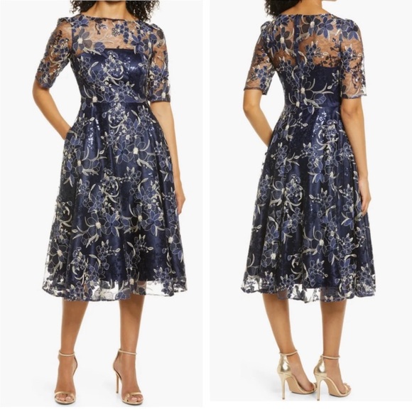NWOT Eliza J Sequin Floral Embroidery Navy Fit & Flare Cocktail Midi Dress sz 6 - Picture 1 of 13